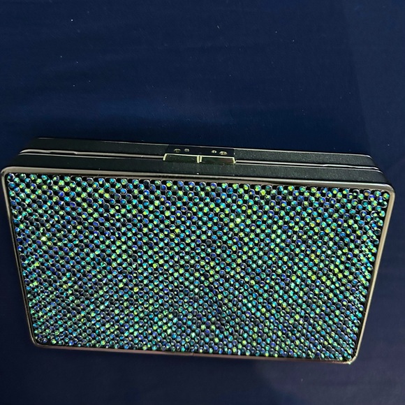 BCBGMaxAzria Sonia Crystal Mesh Satin Box Clutch Color Oil Slick - Picture 3 of 10